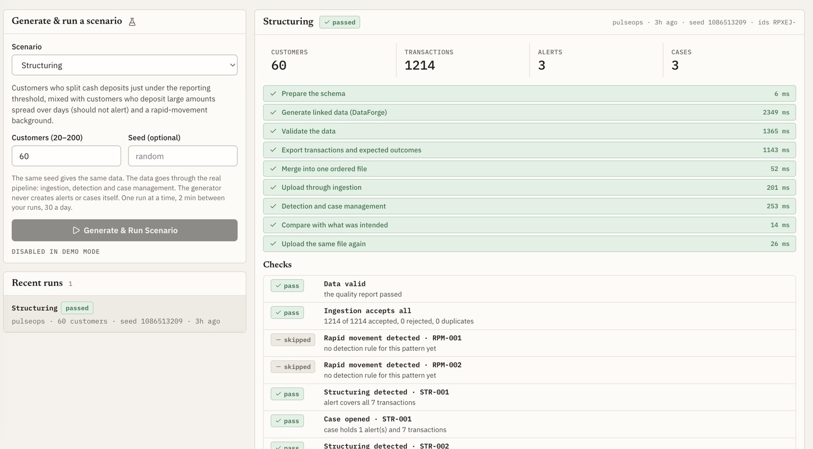 SENTRIX Scenarios page: a passed Structuring run with the DataForge generation step, ingestion, detection and the checks against planted outcomes